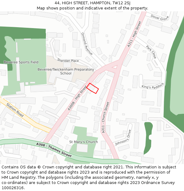 44, HIGH STREET, HAMPTON, TW12 2SJ: Location map and indicative extent of plot