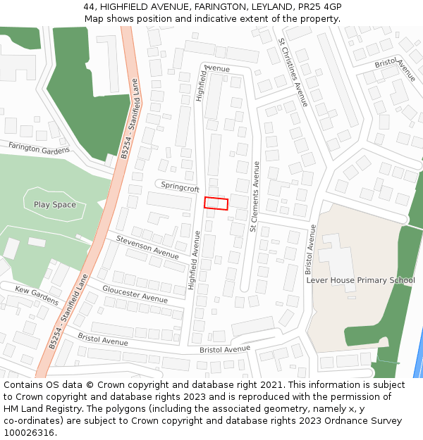 44, HIGHFIELD AVENUE, FARINGTON, LEYLAND, PR25 4GP: Location map and indicative extent of plot