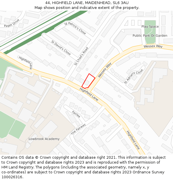 44, HIGHFIELD LANE, MAIDENHEAD, SL6 3AU: Location map and indicative extent of plot