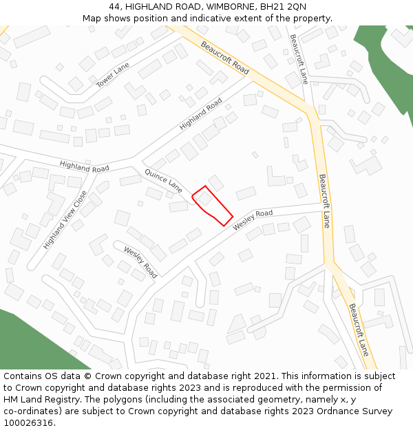 44, HIGHLAND ROAD, WIMBORNE, BH21 2QN: Location map and indicative extent of plot