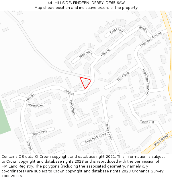 44, HILLSIDE, FINDERN, DERBY, DE65 6AW: Location map and indicative extent of plot