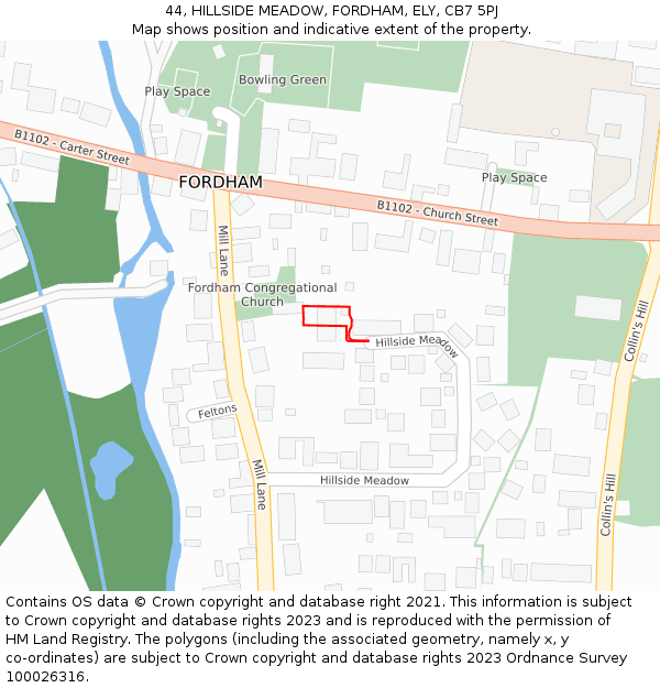 44, HILLSIDE MEADOW, FORDHAM, ELY, CB7 5PJ: Location map and indicative extent of plot