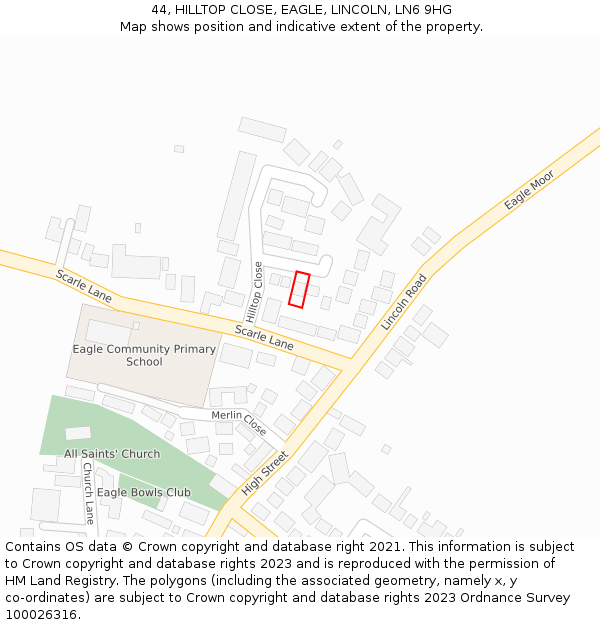 44, HILLTOP CLOSE, EAGLE, LINCOLN, LN6 9HG: Location map and indicative extent of plot