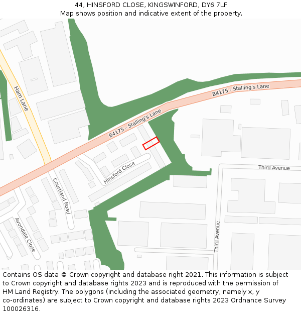 44, HINSFORD CLOSE, KINGSWINFORD, DY6 7LF: Location map and indicative extent of plot