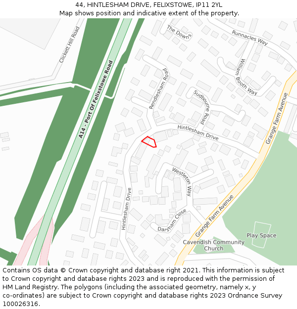 44, HINTLESHAM DRIVE, FELIXSTOWE, IP11 2YL: Location map and indicative extent of plot