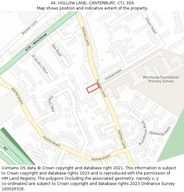 44, HOLLOW LANE, CANTERBURY, CT1 3SA: Location map and indicative extent of plot