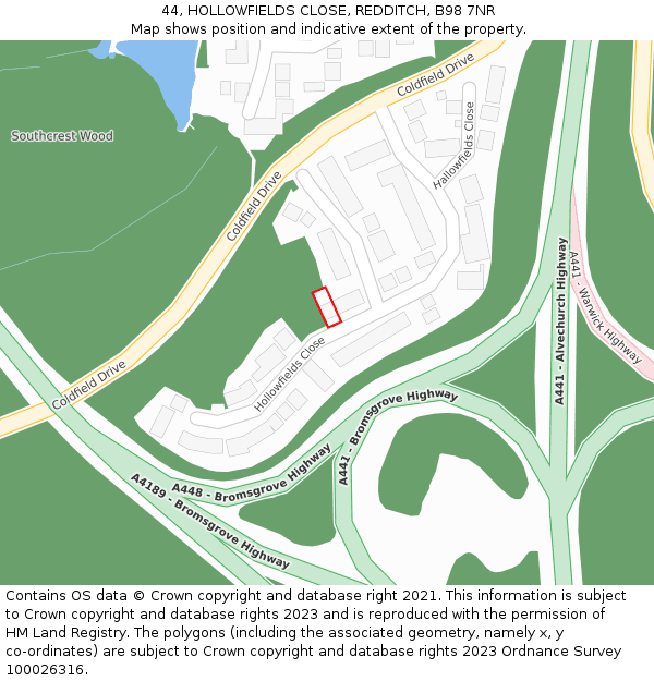 44, HOLLOWFIELDS CLOSE, REDDITCH, B98 7NR: Location map and indicative extent of plot