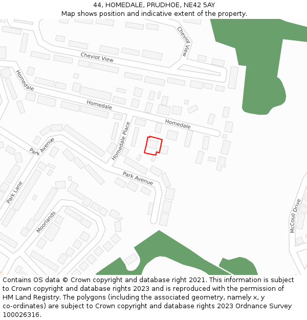 44, HOMEDALE, PRUDHOE, NE42 5AY: Location map and indicative extent of plot