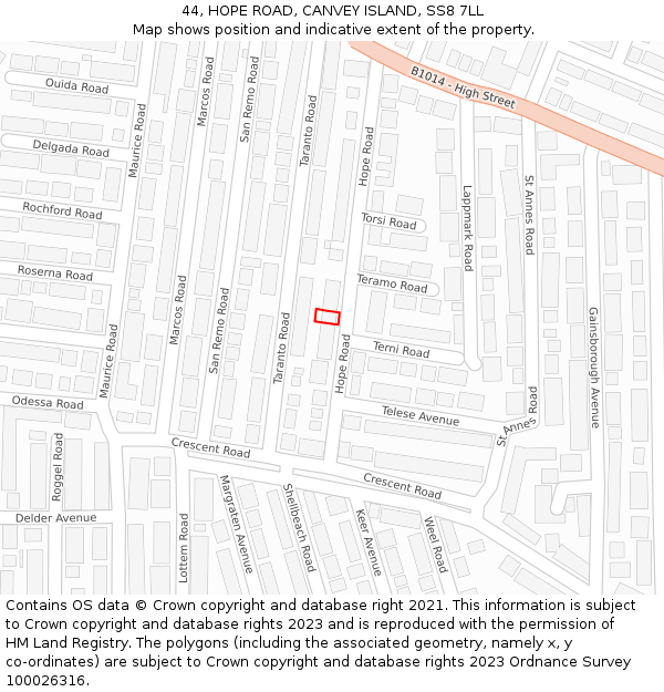 44, HOPE ROAD, CANVEY ISLAND, SS8 7LL: Location map and indicative extent of plot