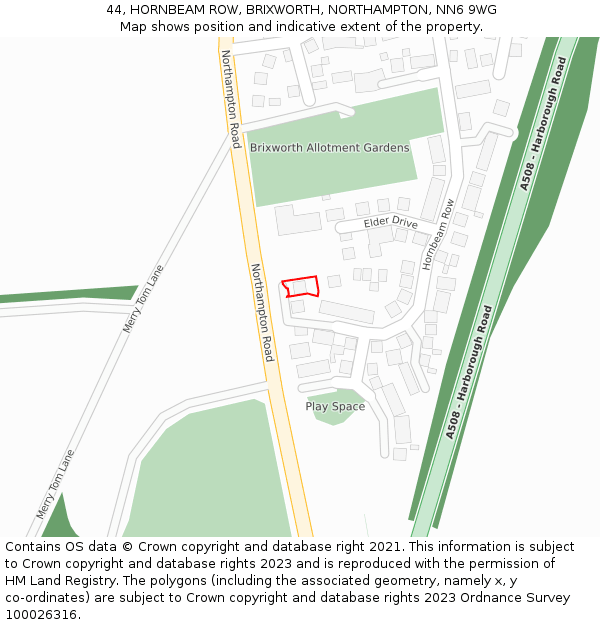 44, HORNBEAM ROW, BRIXWORTH, NORTHAMPTON, NN6 9WG: Location map and indicative extent of plot