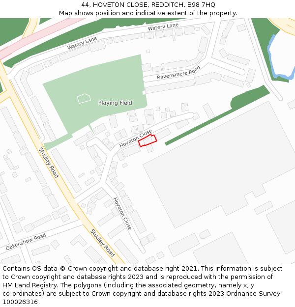 44, HOVETON CLOSE, REDDITCH, B98 7HQ: Location map and indicative extent of plot