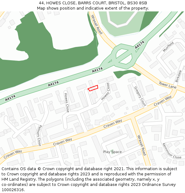 44, HOWES CLOSE, BARRS COURT, BRISTOL, BS30 8SB: Location map and indicative extent of plot