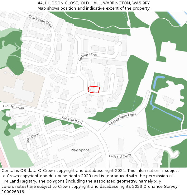 44, HUDSON CLOSE, OLD HALL, WARRINGTON, WA5 9PY: Location map and indicative extent of plot