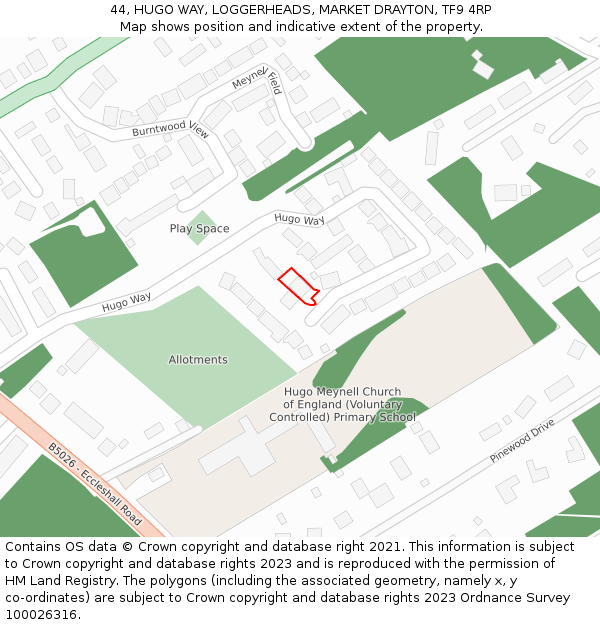 44, HUGO WAY, LOGGERHEADS, MARKET DRAYTON, TF9 4RP: Location map and indicative extent of plot