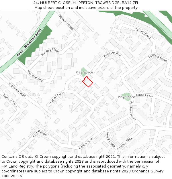 44, HULBERT CLOSE, HILPERTON, TROWBRIDGE, BA14 7FL: Location map and indicative extent of plot