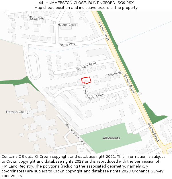 44, HUMMERSTON CLOSE, BUNTINGFORD, SG9 9SX: Location map and indicative extent of plot