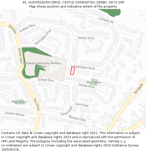 44, HUNTINGDON DRIVE, CASTLE DONINGTON, DERBY, DE74 2SR: Location map and indicative extent of plot