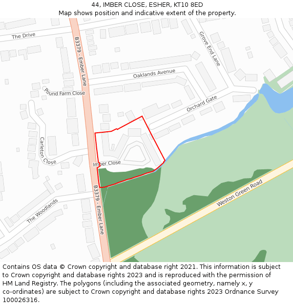 44, IMBER CLOSE, ESHER, KT10 8ED: Location map and indicative extent of plot