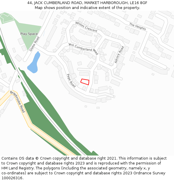 44, JACK CUMBERLAND ROAD, MARKET HARBOROUGH, LE16 8GF: Location map and indicative extent of plot