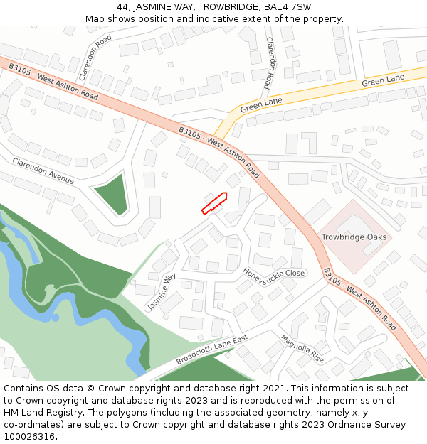 44, JASMINE WAY, TROWBRIDGE, BA14 7SW: Location map and indicative extent of plot