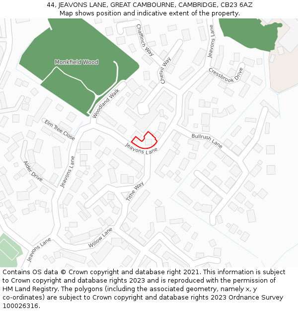 44, JEAVONS LANE, GREAT CAMBOURNE, CAMBRIDGE, CB23 6AZ: Location map and indicative extent of plot