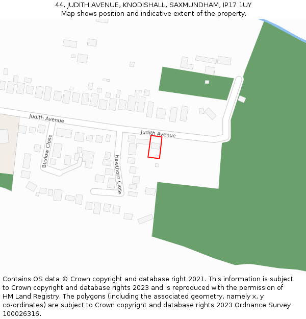 44, JUDITH AVENUE, KNODISHALL, SAXMUNDHAM, IP17 1UY: Location map and indicative extent of plot