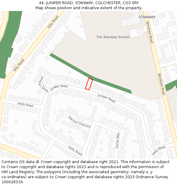 44, JUNIPER ROAD, STANWAY, COLCHESTER, CO3 0RY: Location map and indicative extent of plot