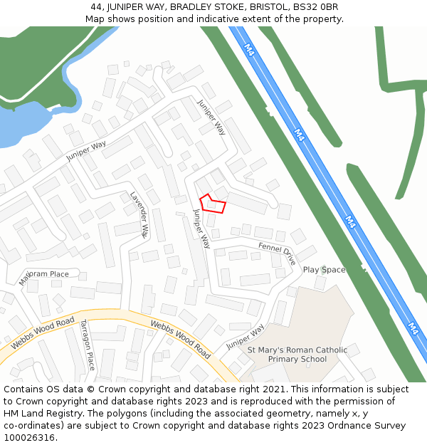 44, JUNIPER WAY, BRADLEY STOKE, BRISTOL, BS32 0BR: Location map and indicative extent of plot