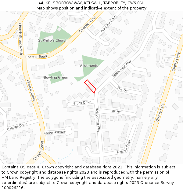 44, KELSBORROW WAY, KELSALL, TARPORLEY, CW6 0NL: Location map and indicative extent of plot