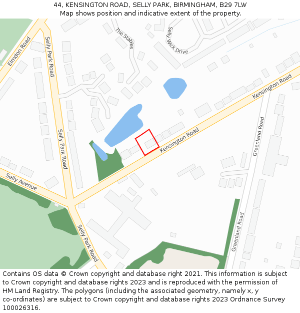 44, KENSINGTON ROAD, SELLY PARK, BIRMINGHAM, B29 7LW: Location map and indicative extent of plot