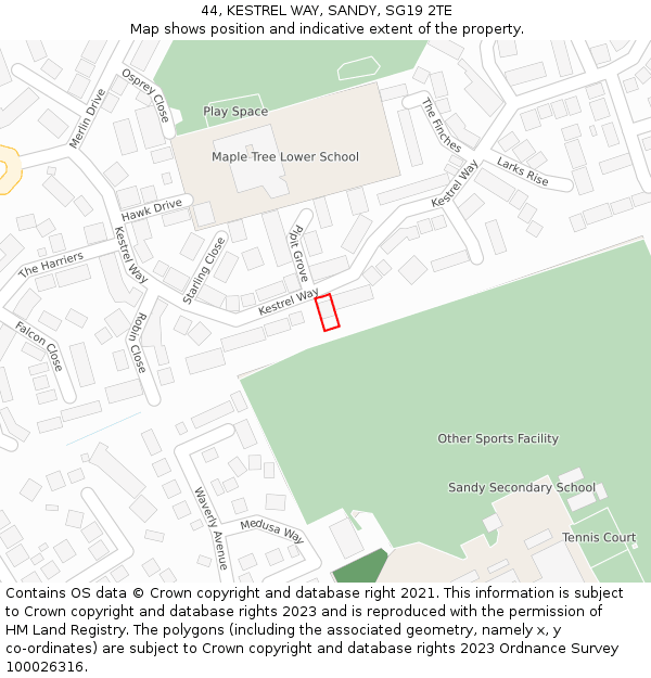 44, KESTREL WAY, SANDY, SG19 2TE: Location map and indicative extent of plot