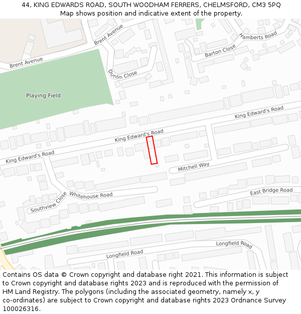 44, KING EDWARDS ROAD, SOUTH WOODHAM FERRERS, CHELMSFORD, CM3 5PQ: Location map and indicative extent of plot