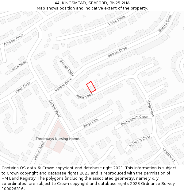 44, KINGSMEAD, SEAFORD, BN25 2HA: Location map and indicative extent of plot