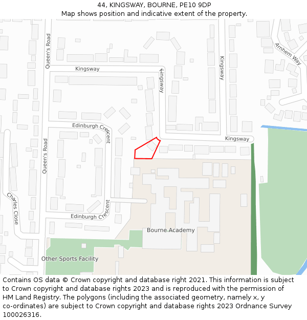 44, KINGSWAY, BOURNE, PE10 9DP: Location map and indicative extent of plot