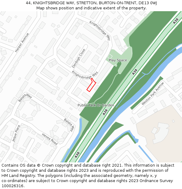 44, KNIGHTSBRIDGE WAY, STRETTON, BURTON-ON-TRENT, DE13 0WJ: Location map and indicative extent of plot