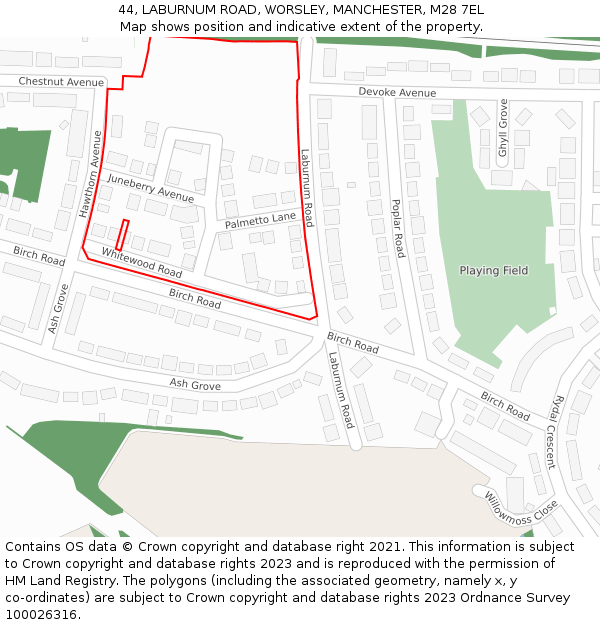 44, LABURNUM ROAD, WORSLEY, MANCHESTER, M28 7EL: Location map and indicative extent of plot
