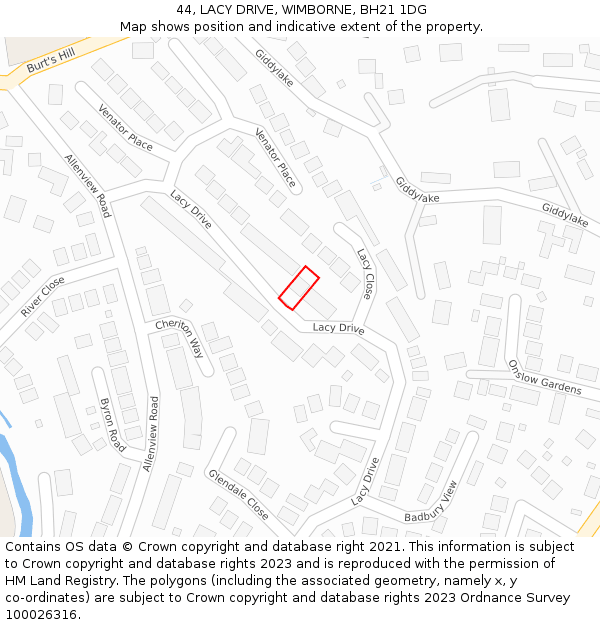 44, LACY DRIVE, WIMBORNE, BH21 1DG: Location map and indicative extent of plot