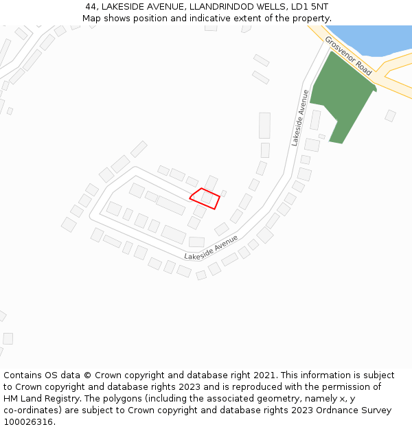 44, LAKESIDE AVENUE, LLANDRINDOD WELLS, LD1 5NT: Location map and indicative extent of plot