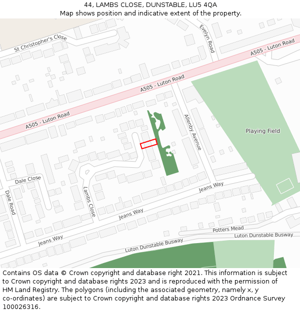 44, LAMBS CLOSE, DUNSTABLE, LU5 4QA: Location map and indicative extent of plot