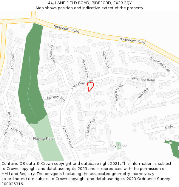 44, LANE FIELD ROAD, BIDEFORD, EX39 3QY: Location map and indicative extent of plot