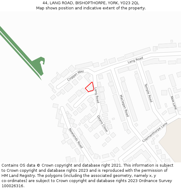 44, LANG ROAD, BISHOPTHORPE, YORK, YO23 2QL: Location map and indicative extent of plot