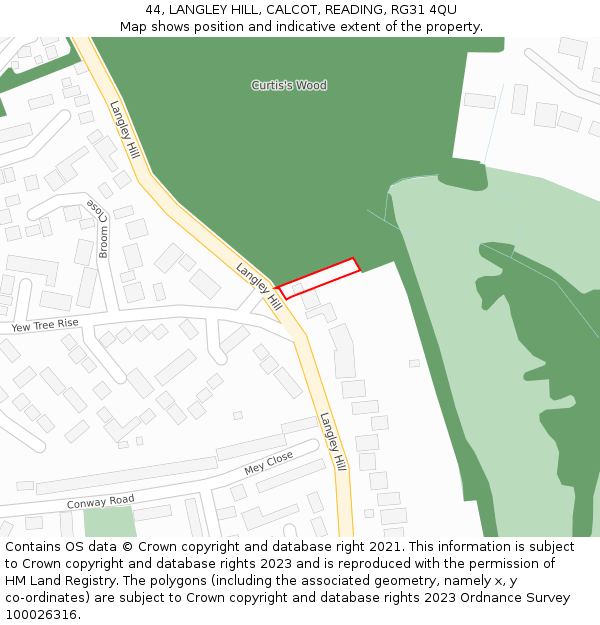 44, LANGLEY HILL, CALCOT, READING, RG31 4QU: Location map and indicative extent of plot