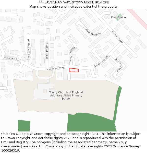 44, LAVENHAM WAY, STOWMARKET, IP14 2PE: Location map and indicative extent of plot