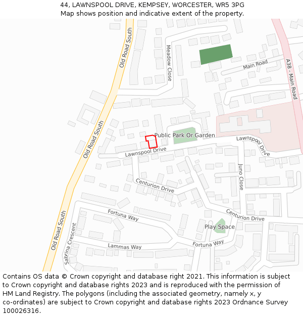 44, LAWNSPOOL DRIVE, KEMPSEY, WORCESTER, WR5 3PG: Location map and indicative extent of plot