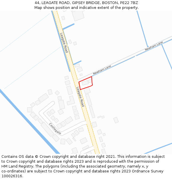 44, LEAGATE ROAD, GIPSEY BRIDGE, BOSTON, PE22 7BZ: Location map and indicative extent of plot