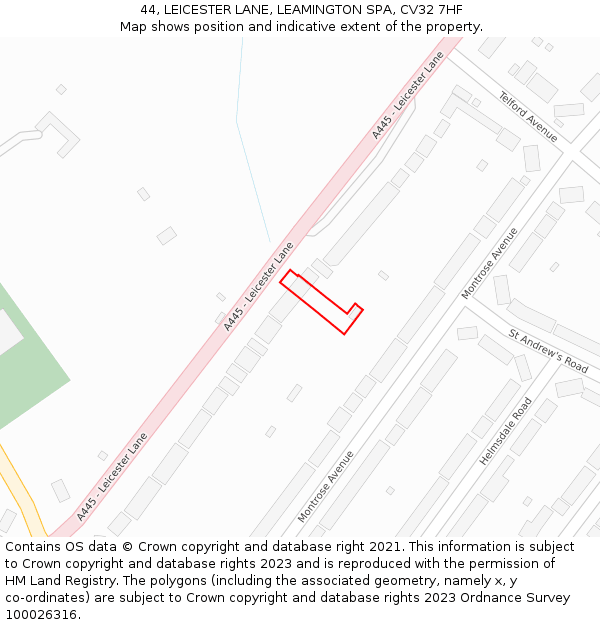 44, LEICESTER LANE, LEAMINGTON SPA, CV32 7HF: Location map and indicative extent of plot