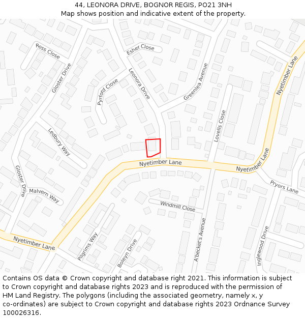 44, LEONORA DRIVE, BOGNOR REGIS, PO21 3NH: Location map and indicative extent of plot