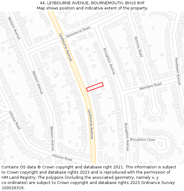 44, LEYBOURNE AVENUE, BOURNEMOUTH, BH10 6HF: Location map and indicative extent of plot