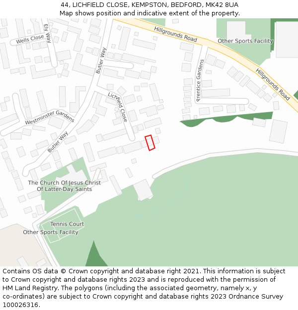 44, LICHFIELD CLOSE, KEMPSTON, BEDFORD, MK42 8UA: Location map and indicative extent of plot