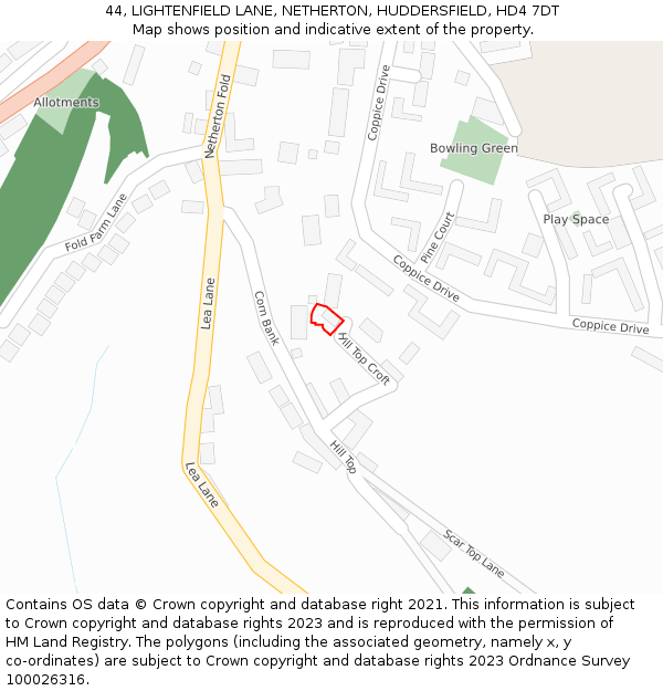 44, LIGHTENFIELD LANE, NETHERTON, HUDDERSFIELD, HD4 7DT: Location map and indicative extent of plot